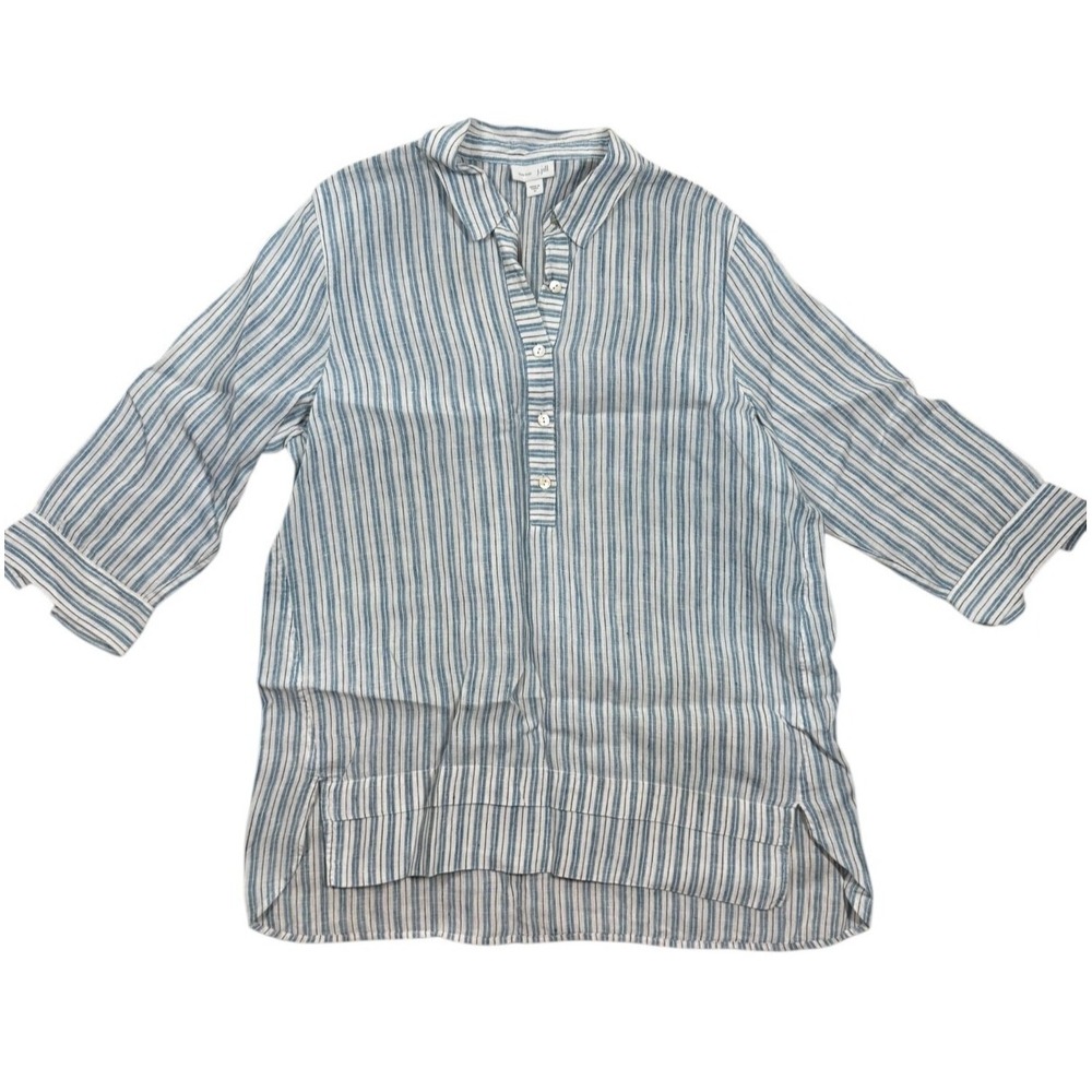 J.Jill Love Linen Women's Blue Striped High Low Hem Popover Tunic Blouse Size M - Picture 2 of 7